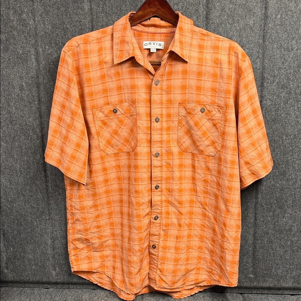 Orvis Men's Casual Orange Checkered Shirt